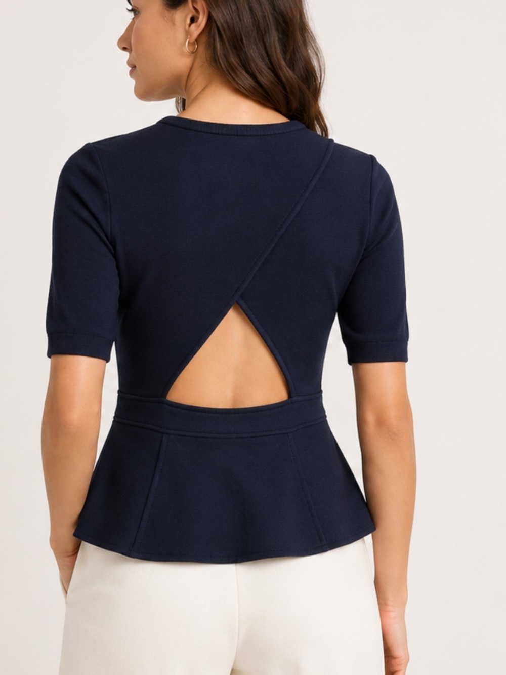 A.L.C. Black Peplum Top Open Back Cutout Knit Blouse Short Sleeve Large
